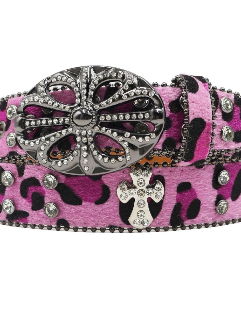Pink Leopard Print Women’s Belt with Crystal Buckle. Punk Goth Y2K style
